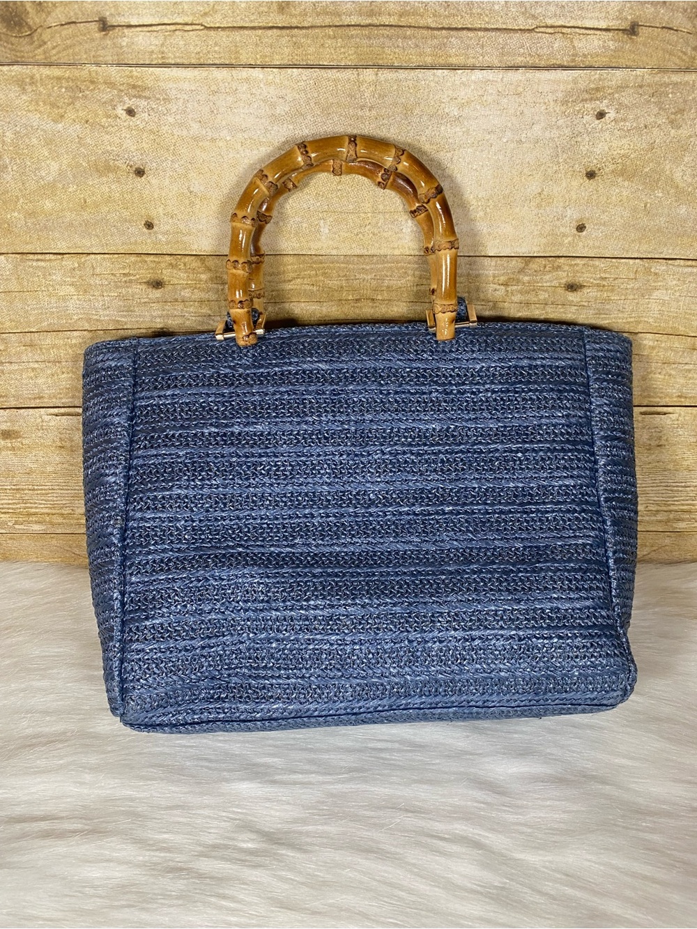 Haute Hippie Blue Straw Tote with Multicolor Floral Appliqués and Bamboo Handles - Picture 2 of 11